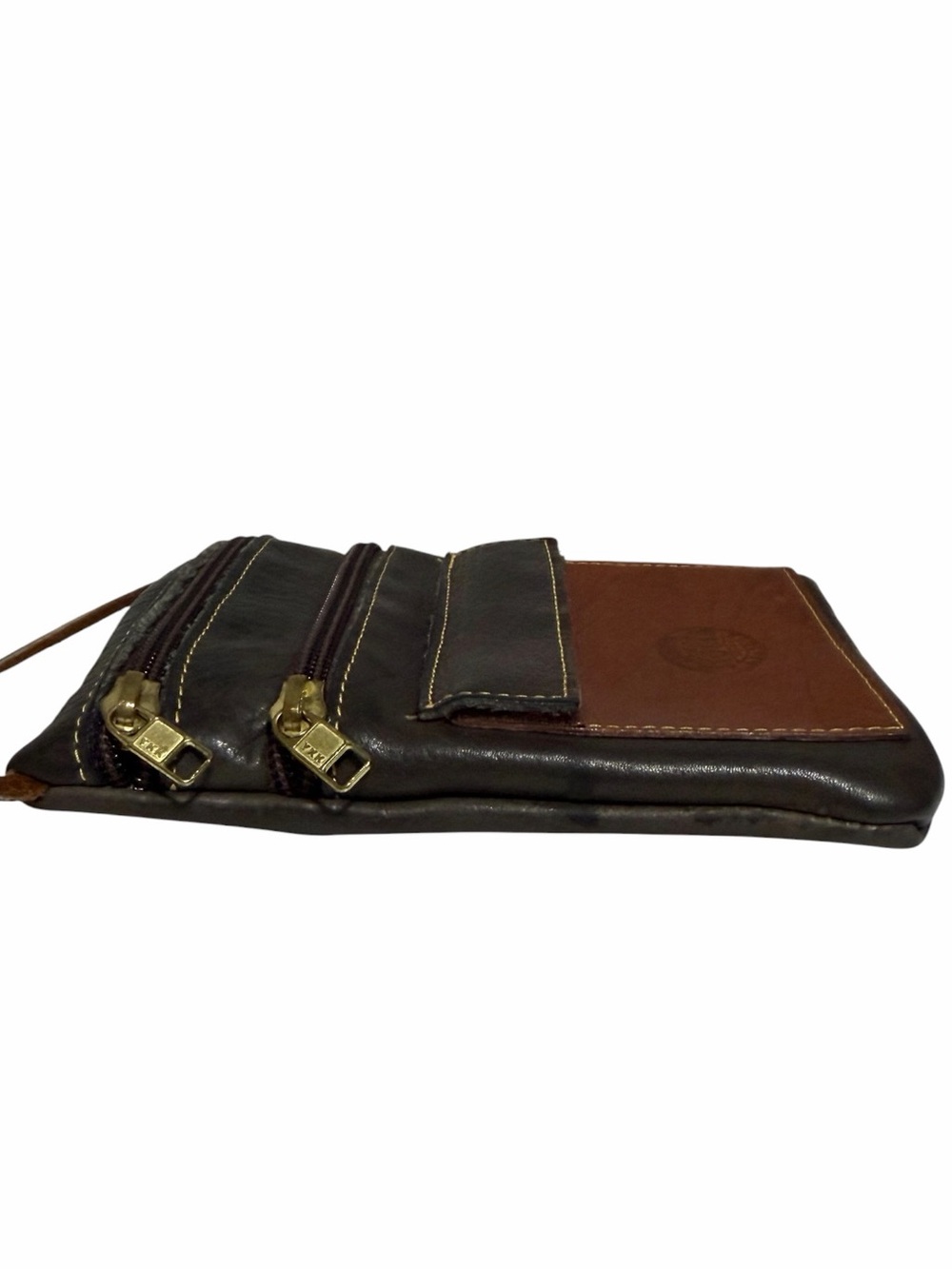 Vintage 90’s Roots Leather Hanging Pouch Crossbody in Green & Brown - Picture 5 of 13